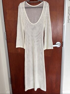 Cream  Crochet Open-Knit Long Sleeve Maxi Knit Dress Swim Beach Coverup size S